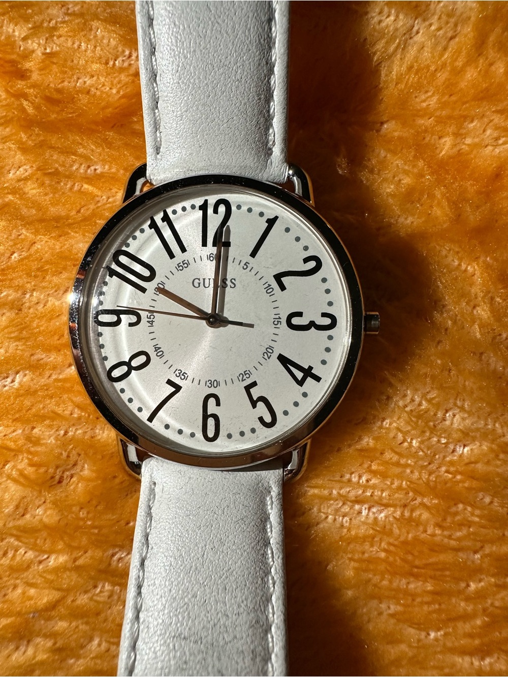 GUESS White Dial Watch with White Leather Strap